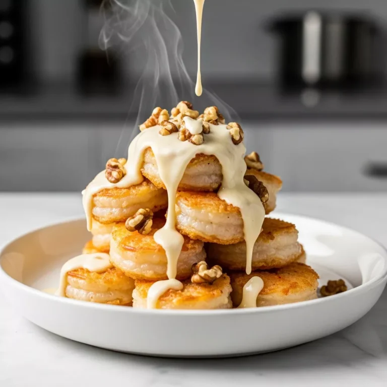 chinese coconut shrimp recipe Side view of creamy Chinese coconut shrimp stacked on a plate with broccoli