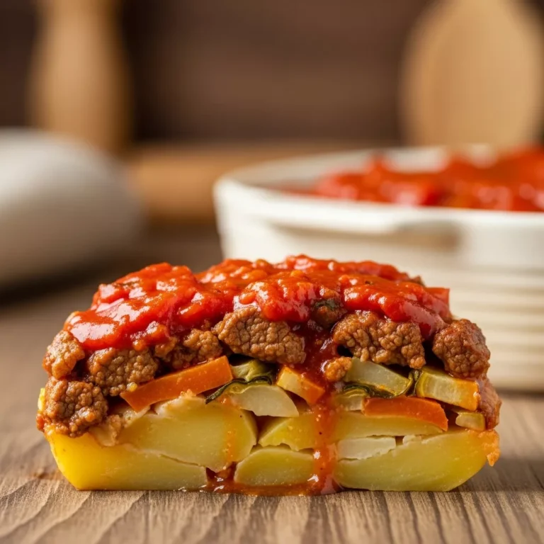 dolly parton casserole recipe Side view of a slice of beef and potato casserole showing distinct layers