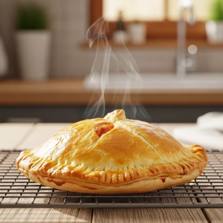 homemade pizza pockets Side profile view of a puffed and golden homemade pizza pocket