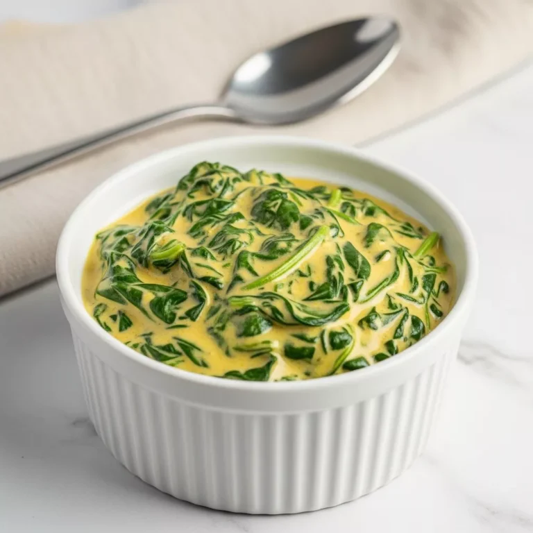 ruths chris creamed spinach Side view close up of thick creamy spinach in a bowl