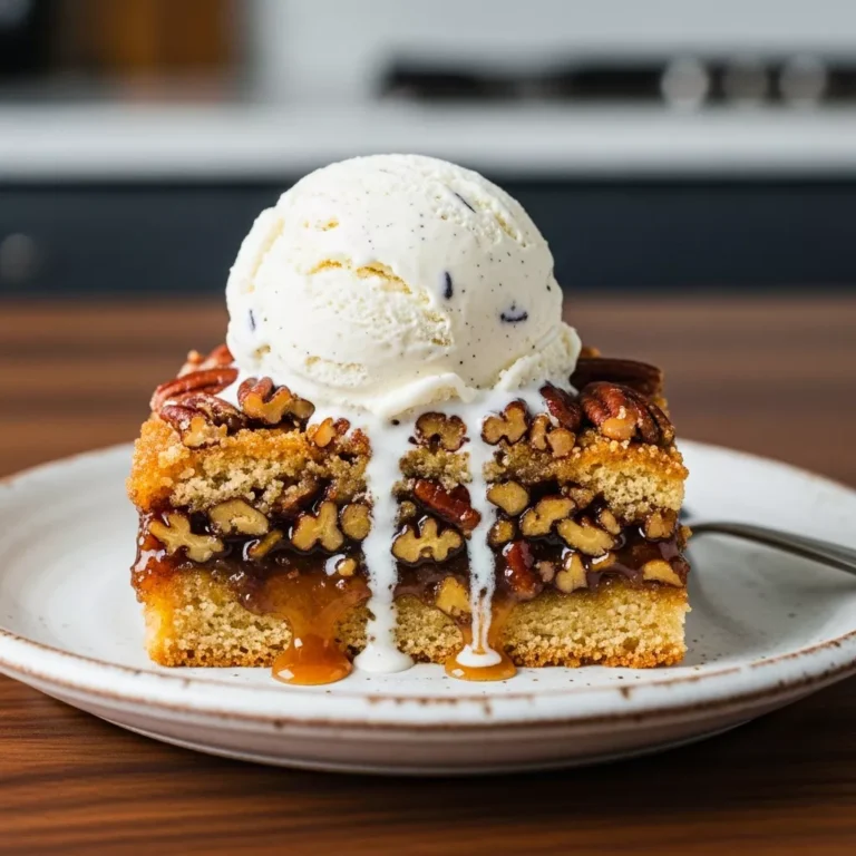 Side view of pecan pie dump cake with melting ice cream