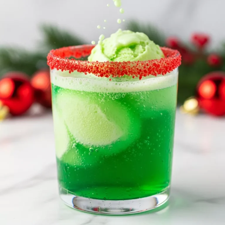 grinch punch recipe Side view close up of grinch punch showing fizzy bubbles and melting sherbet texture