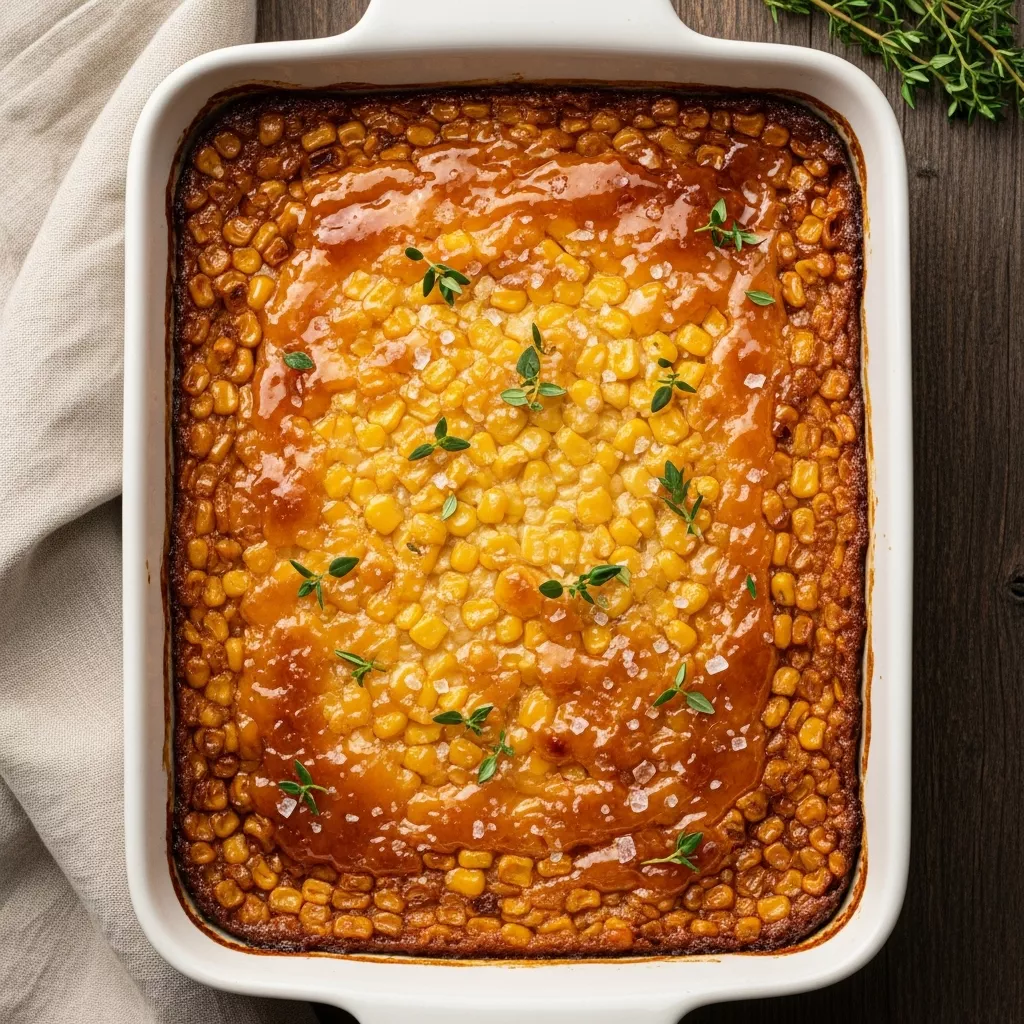 Golden baked honey glazed corn casserole topped with fresh thyme and sea salt
