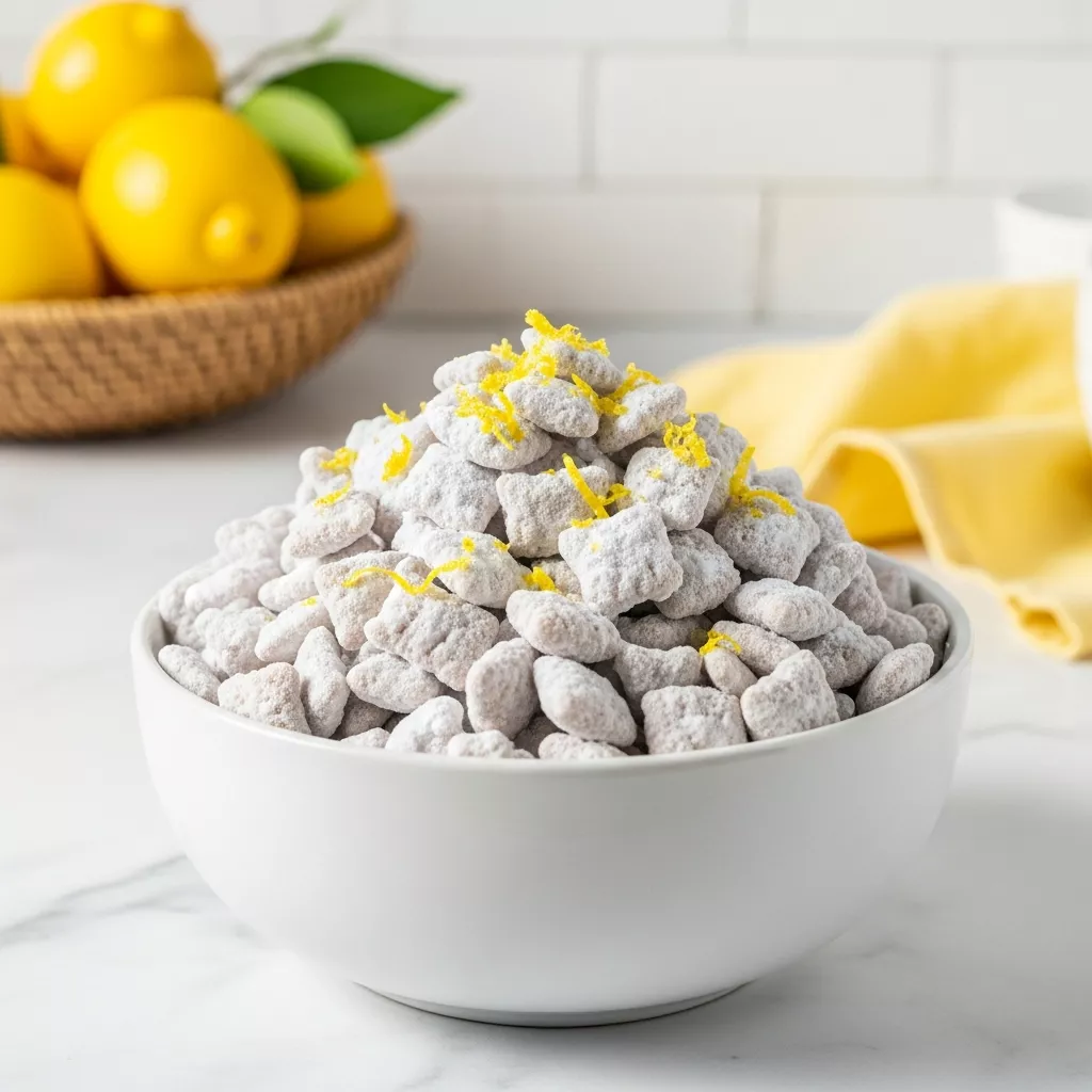 Close-up macro shot of zesty lemonade puppy chow in a white bowl topped with lemon zest