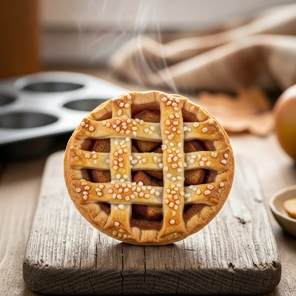 Close up of golden baked mini apple pies with flaky crust and coarse sugar