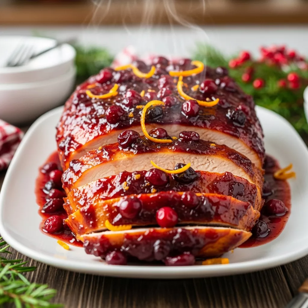 Sliced cranberry orange turkey breast with glossy red glaze and rosemary on a white platter