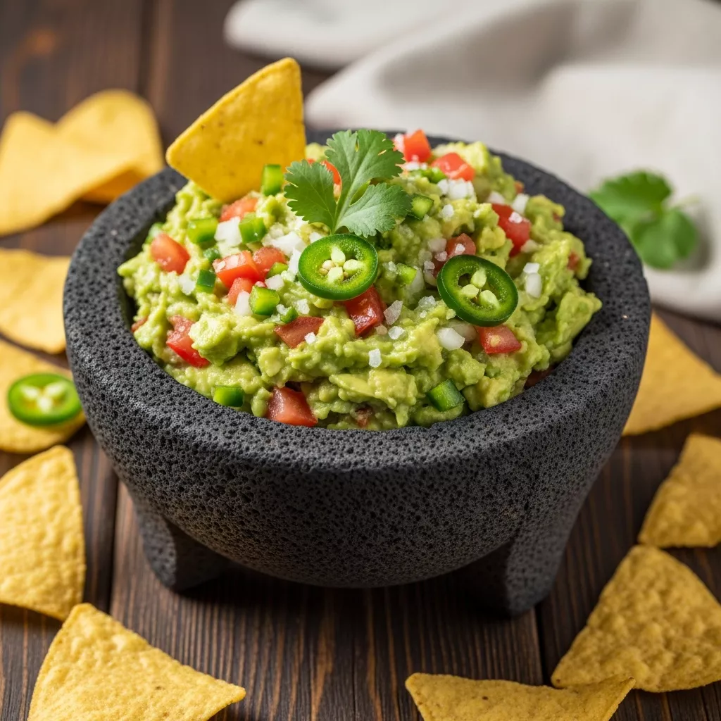 Close up of a classic guacamole recipe served in a stone molcajete