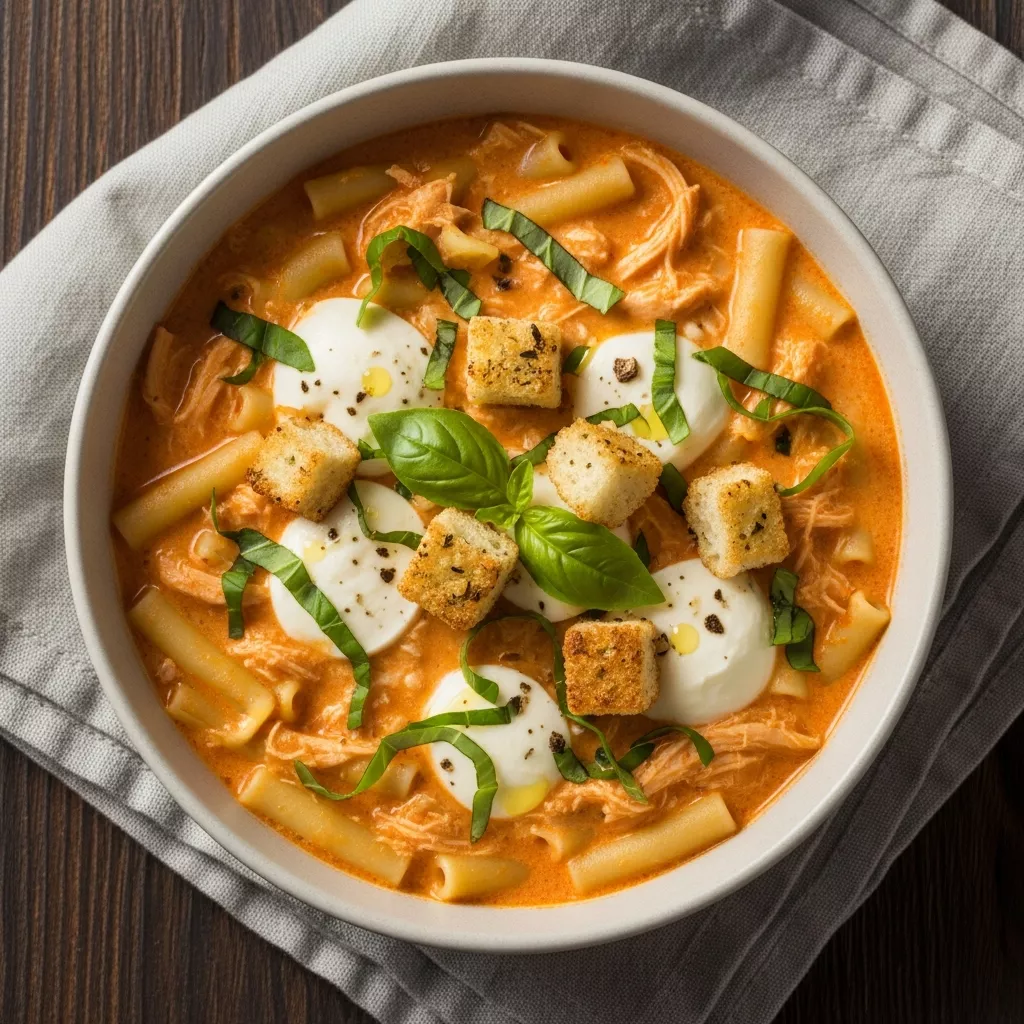 Close up overhead shot of a bowl of crockpot chicken parmesan soup topped with croutons and basil