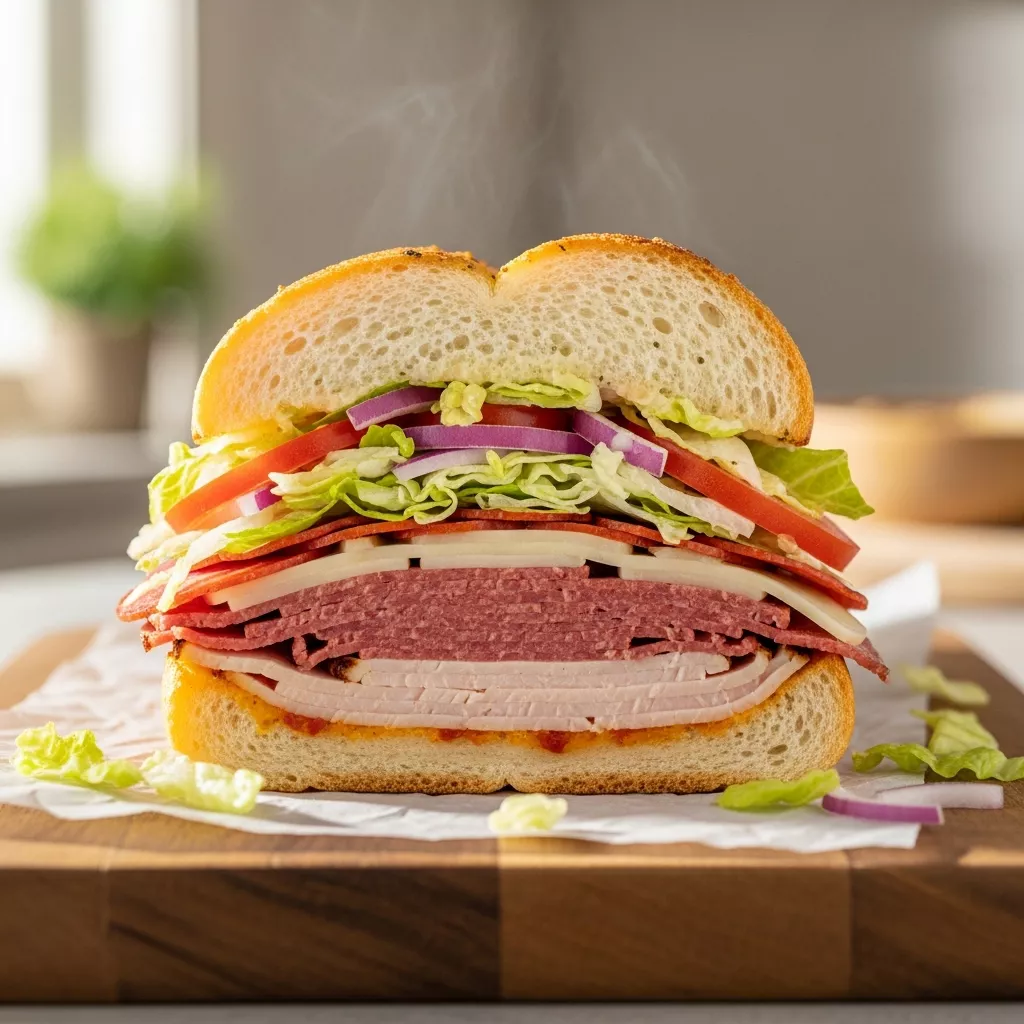 Close up view of a cheesy baked italian sub loaded with meats and creamy grinder salad