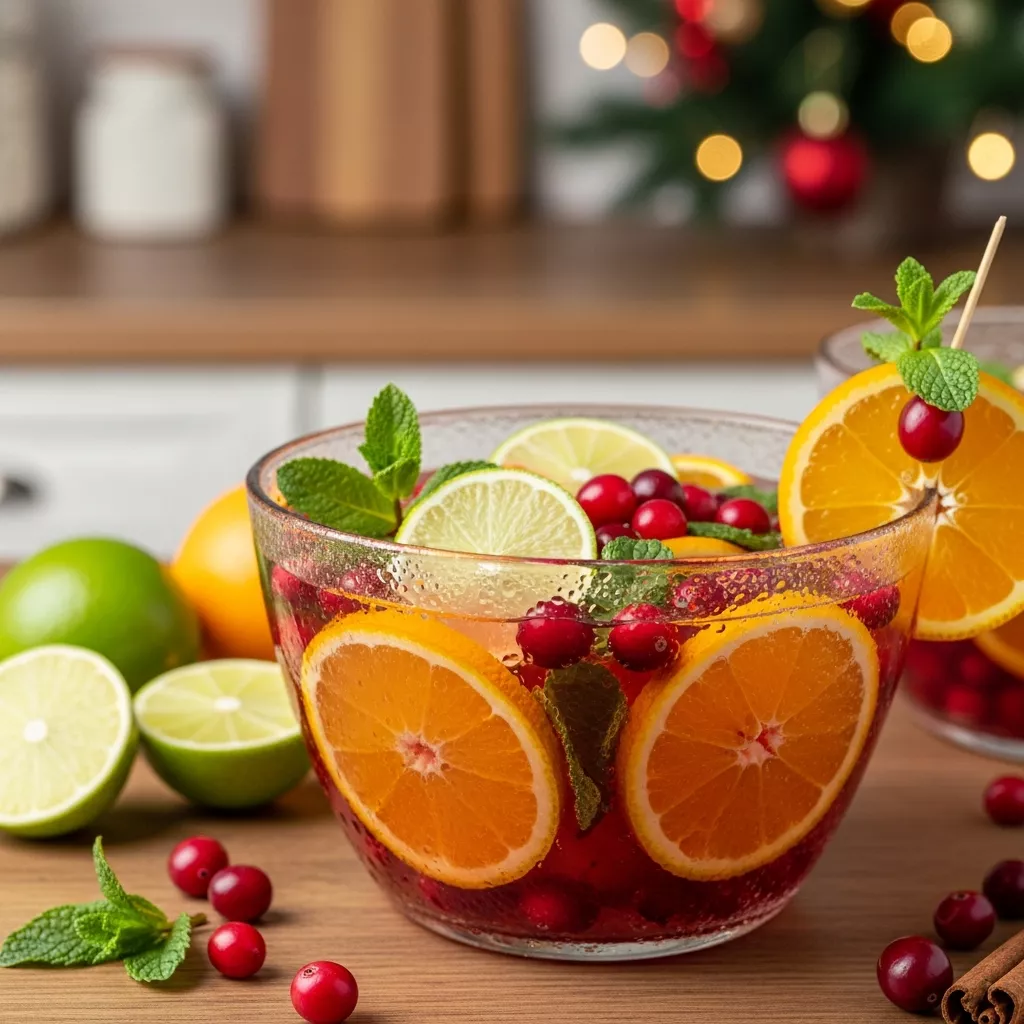 Festive christmas morning punch in a glass punch bowl