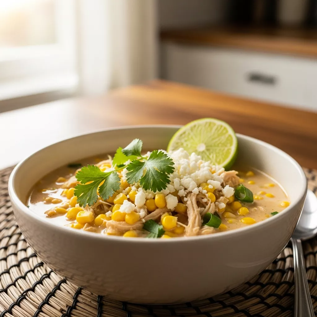Delicious bowl of Mexican Street Corn White Chicken Chili with cotija cheese and cilantro