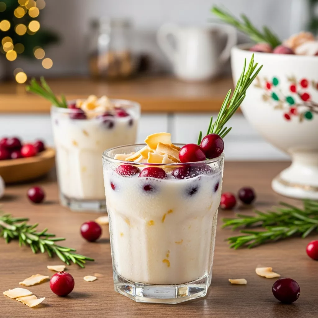 Close-up of a refreshing White Christmas Punch with festive garnishes