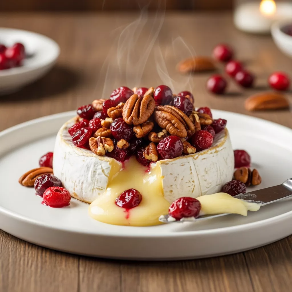 Close-up of delicious homemade cranberry pecan baked brie