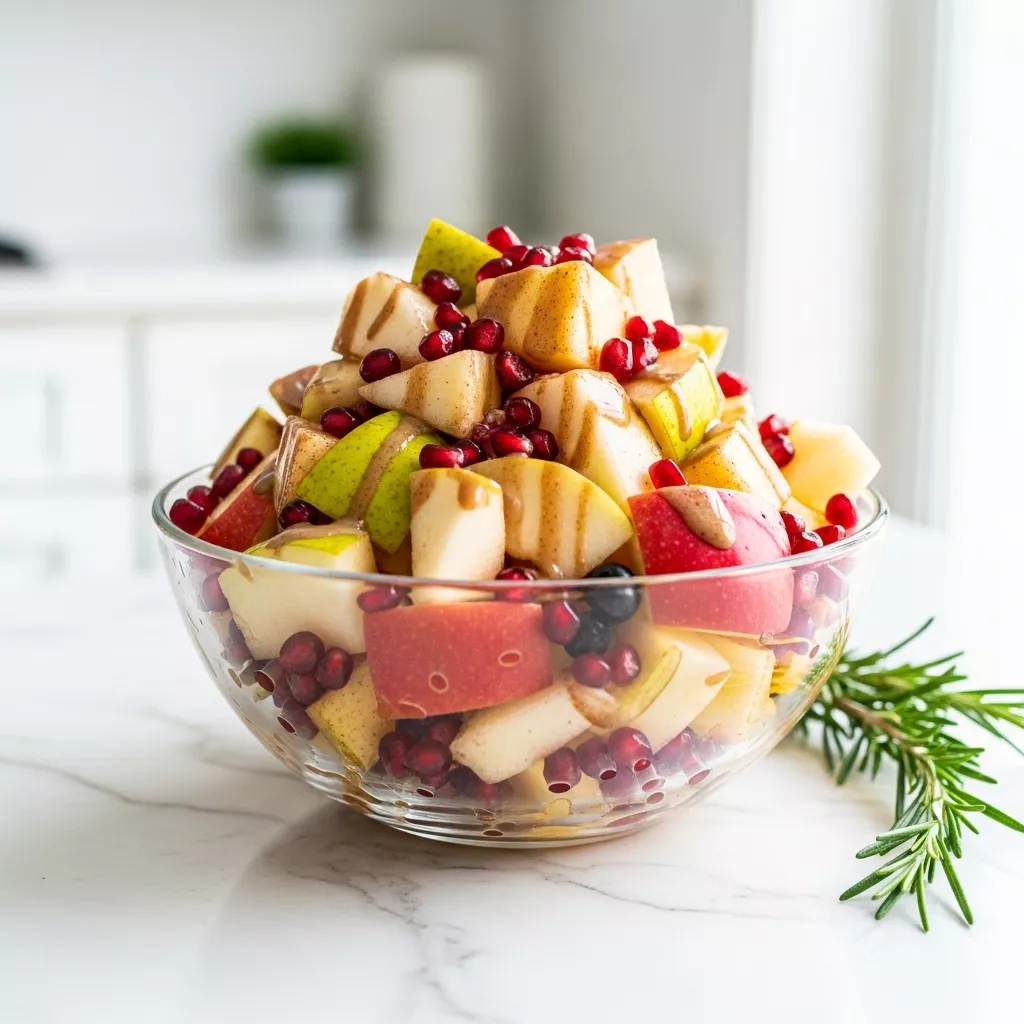 Delicious winter fruit salad with cinnamon vanilla dressing