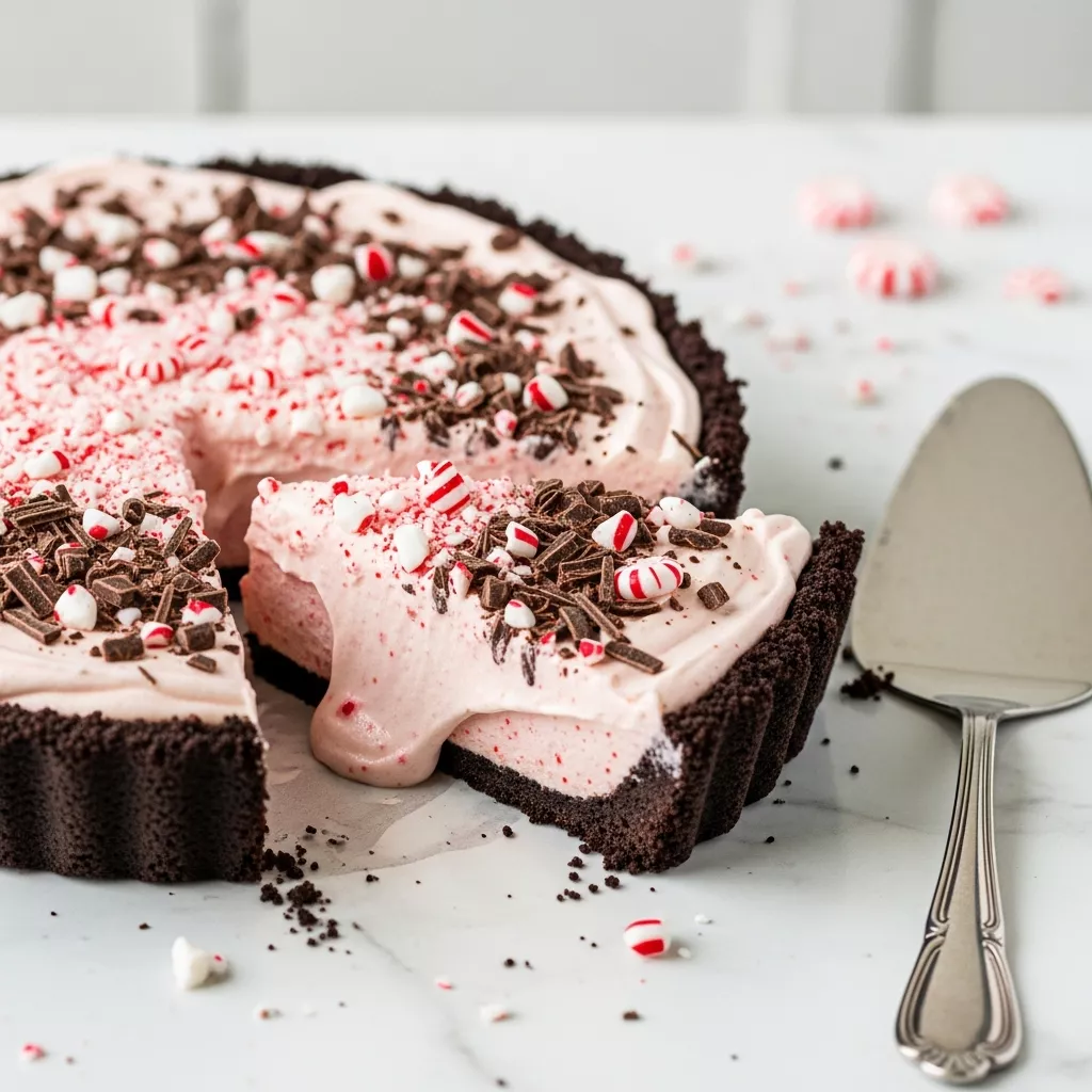 Close-up of a delicious Christmas Peppermint Pie slice