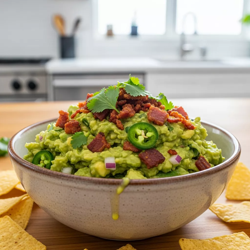 Delicious homemade turkey turkey turkey bacon guacamole recipe served in a rustic bowl