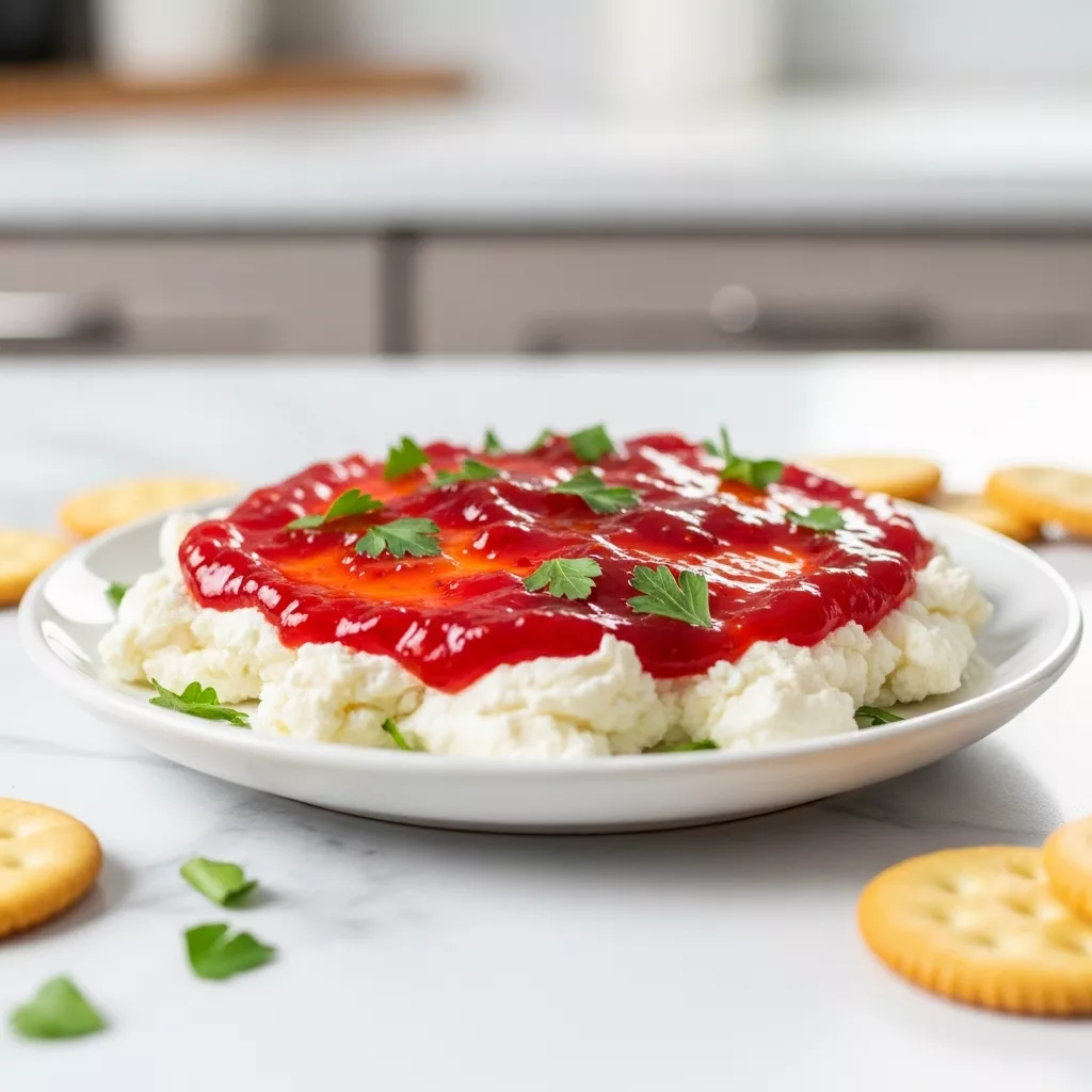 Close-up of a delicious pepper jelly appetizer