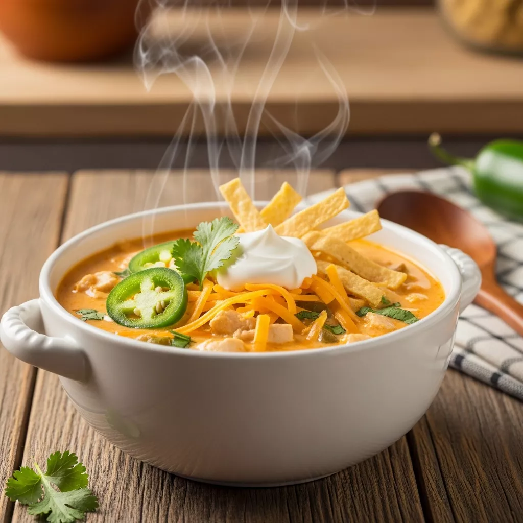 Creamy and delicious jalapeno popper soup with chicken, cheese, and tortilla strips