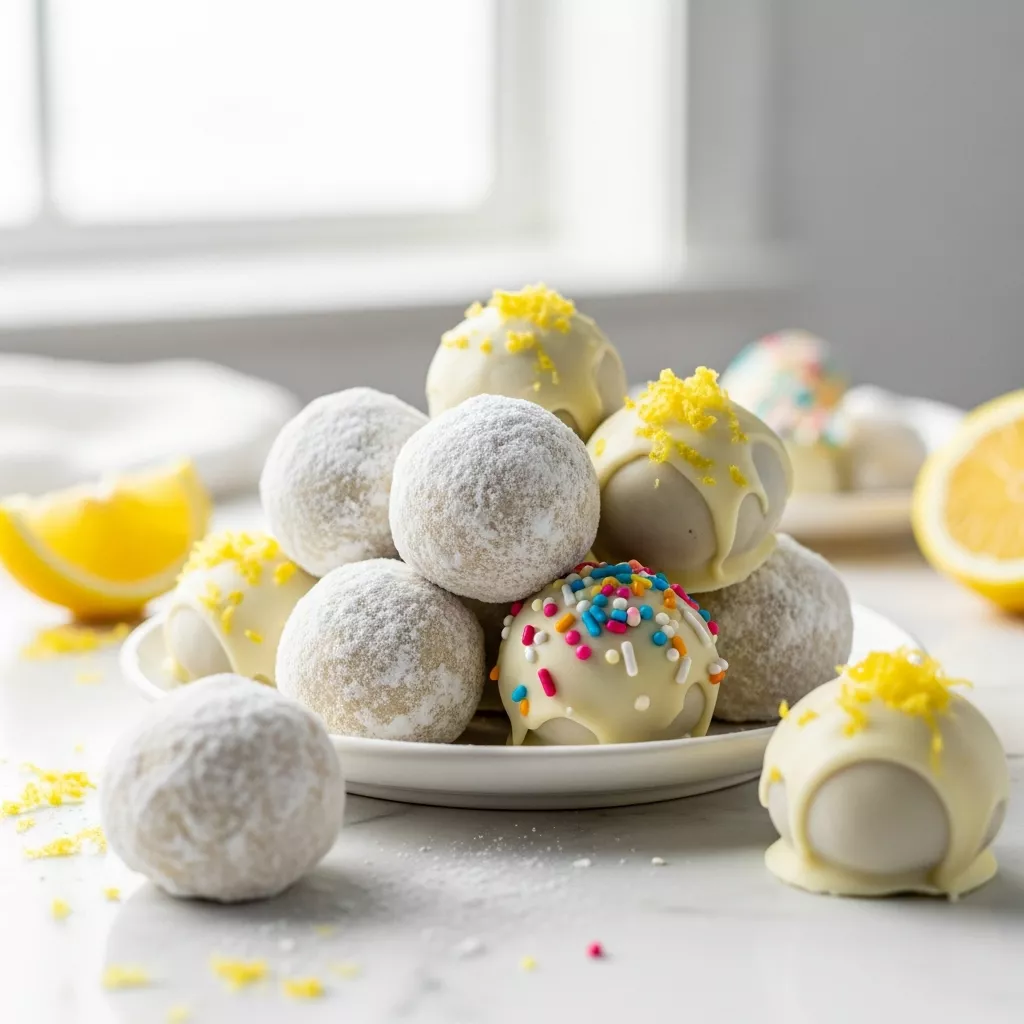Close-up of delicious creamy lemon truffles with powdered sugar, lemon zest, and sprinkles