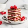 Close-up of delicious raspberry chocolate lasagna with fresh raspberries and chocolate shavings