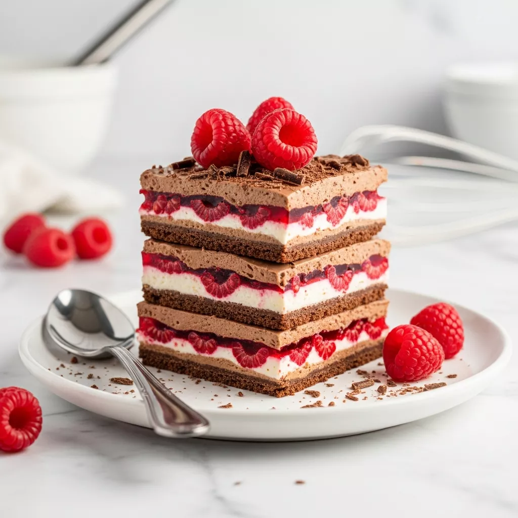 Close-up of delicious raspberry chocolate lasagna with fresh raspberries and chocolate shavings