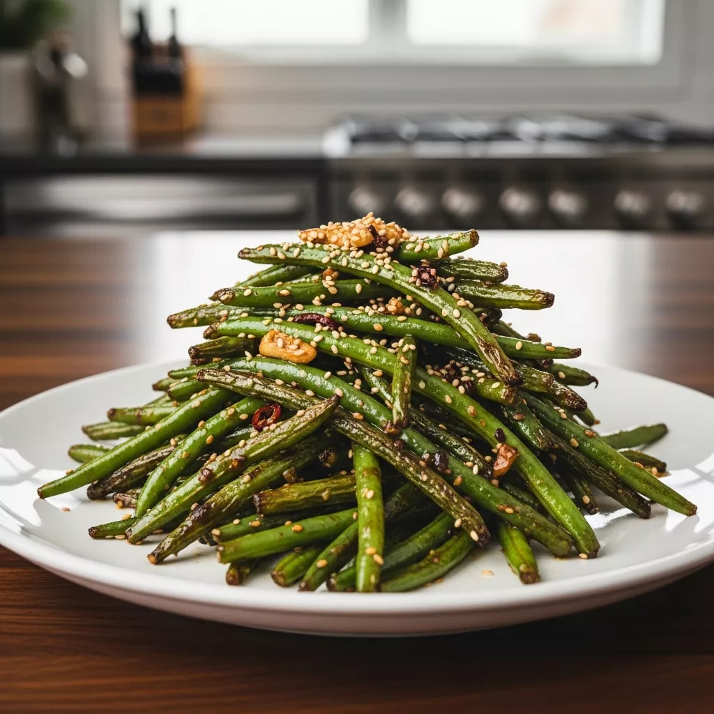 Close-up of delicious homemade crack green beans