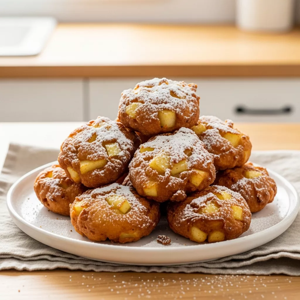 Close-up of delicious homemade air fryer apple fritters dusted with powdered sugar