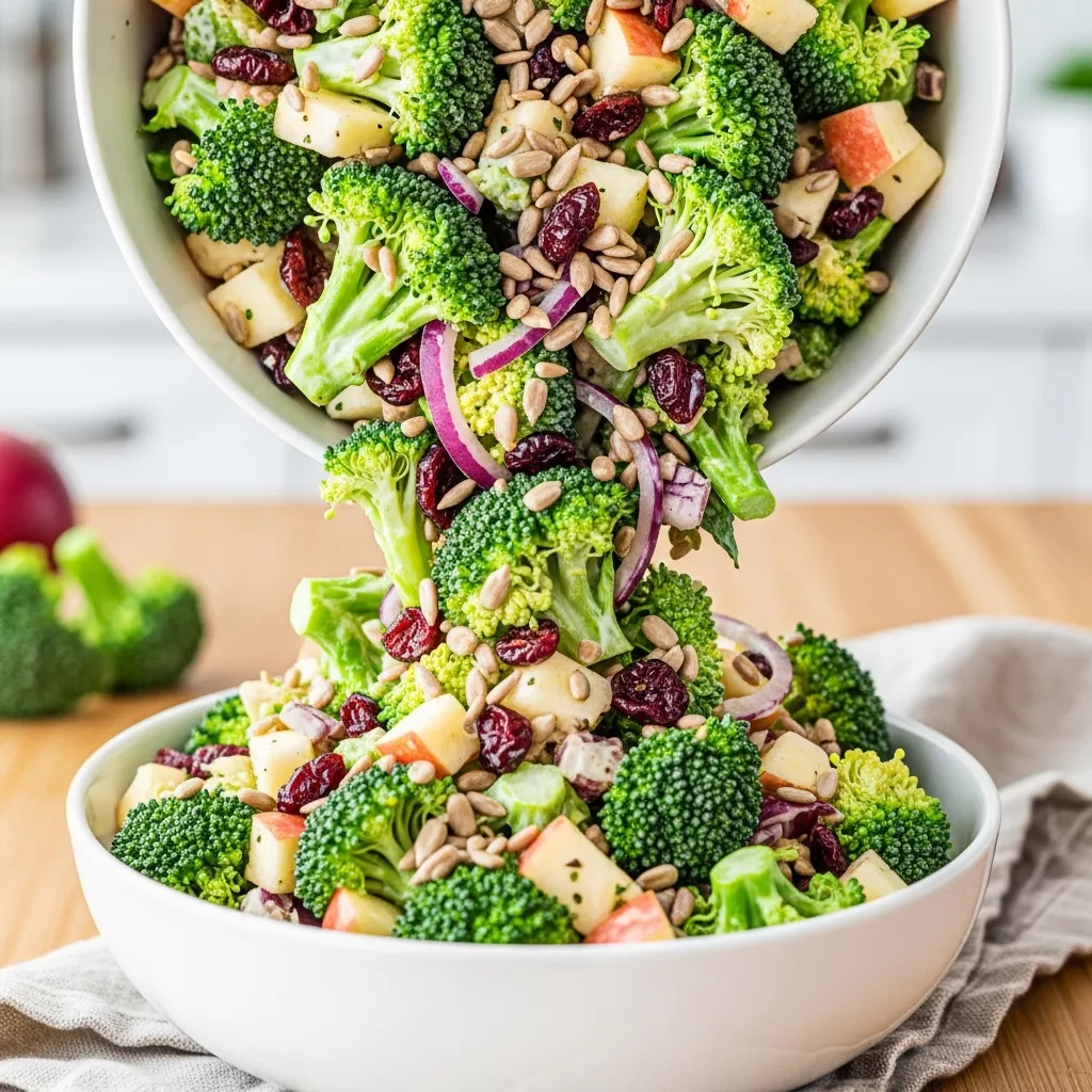 Delicious broccoli apple crunch salad in a white bowl
