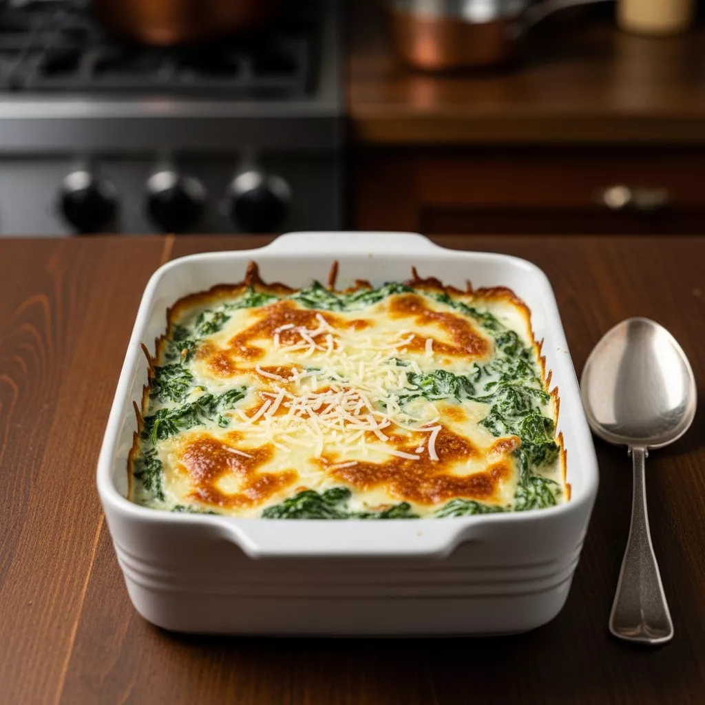 Delicious homemade creamed spinach recipe in a baking dish