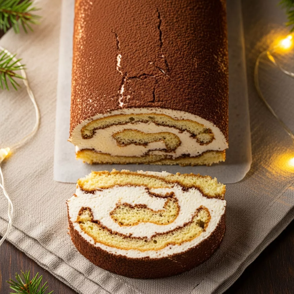 Close-up of a delicious Tiramisu Yule Log cake with layers of coffee-soaked sponge and mascarpone filling
