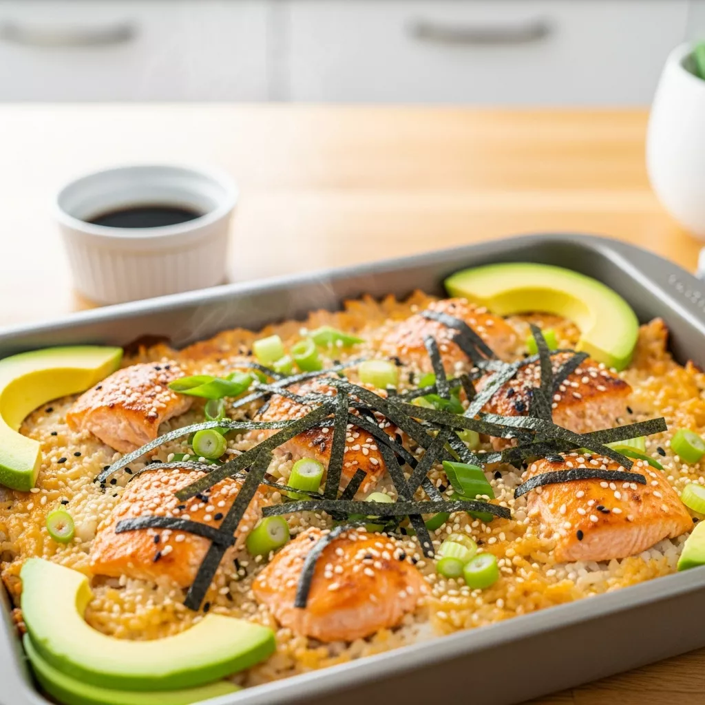 Close-up of delicious spicy salmon sushi bake with avocado and nori