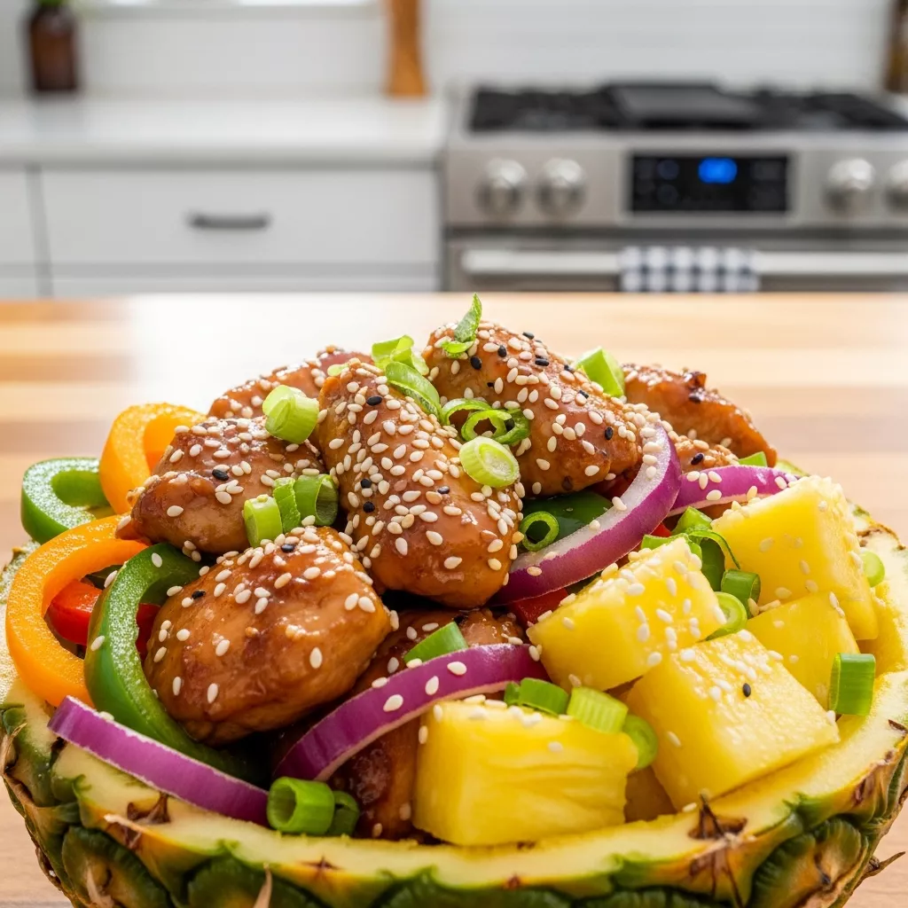 Delicious homemade teriyaki chicken pineapple served in a fresh pineapple bowl