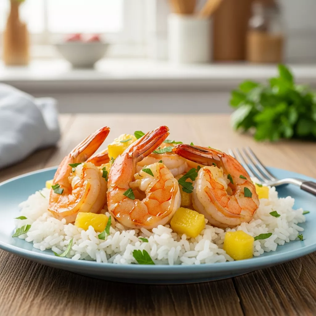 Close-up of delicious Hawaiian garlic shrimp with pineapple served over rice
