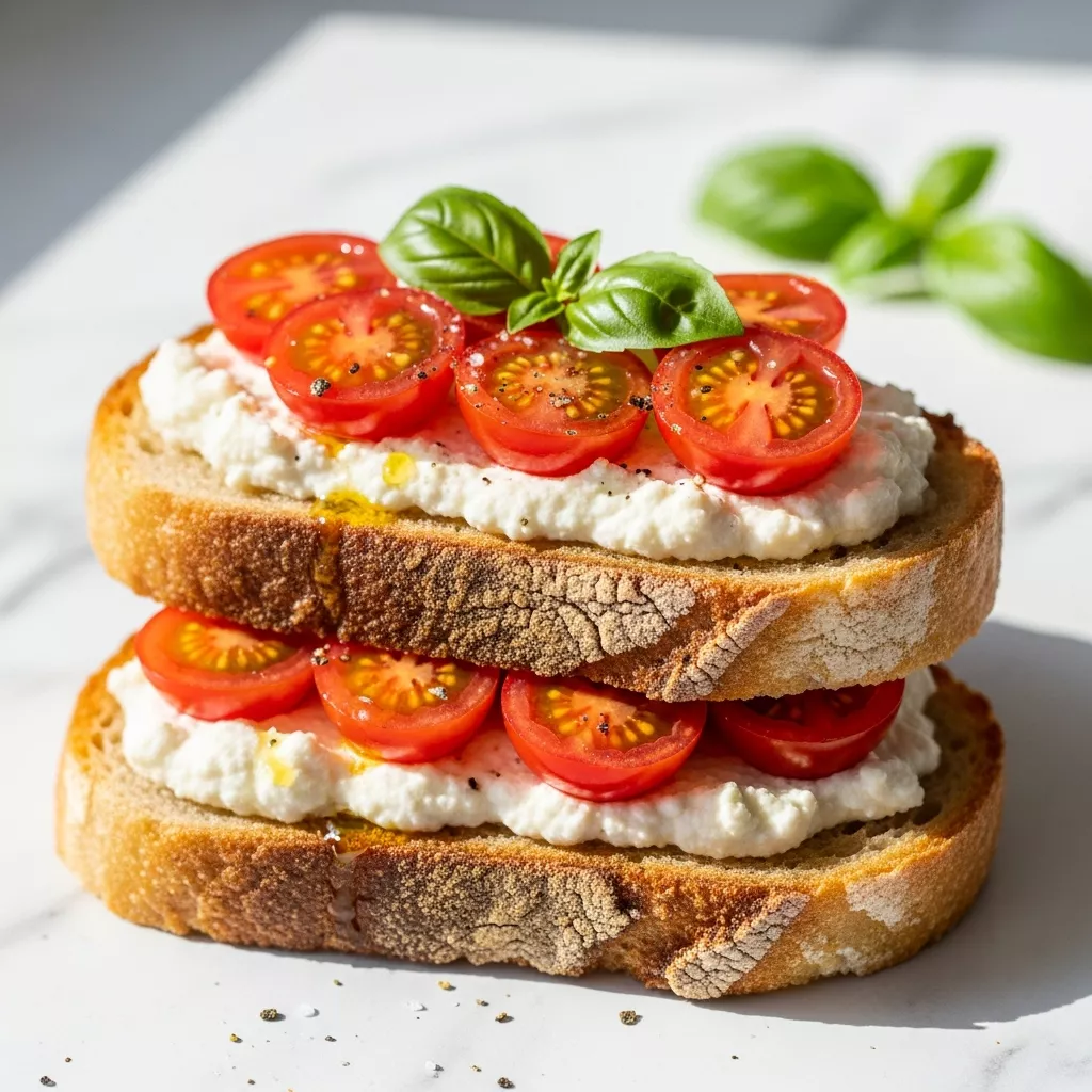 Close-up of delicious ricotta tomato sourdough toast