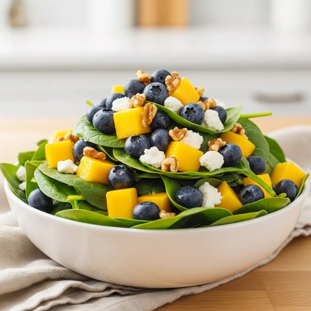 Delicious mango spinach salad with blueberries and feta
