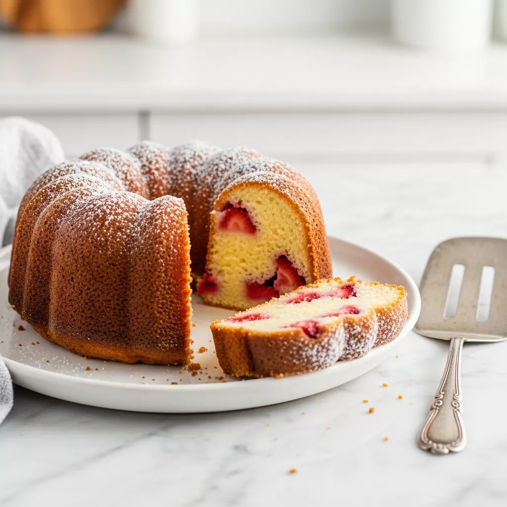Delicious homemade strawberry cream cheese pound cake on a plate
