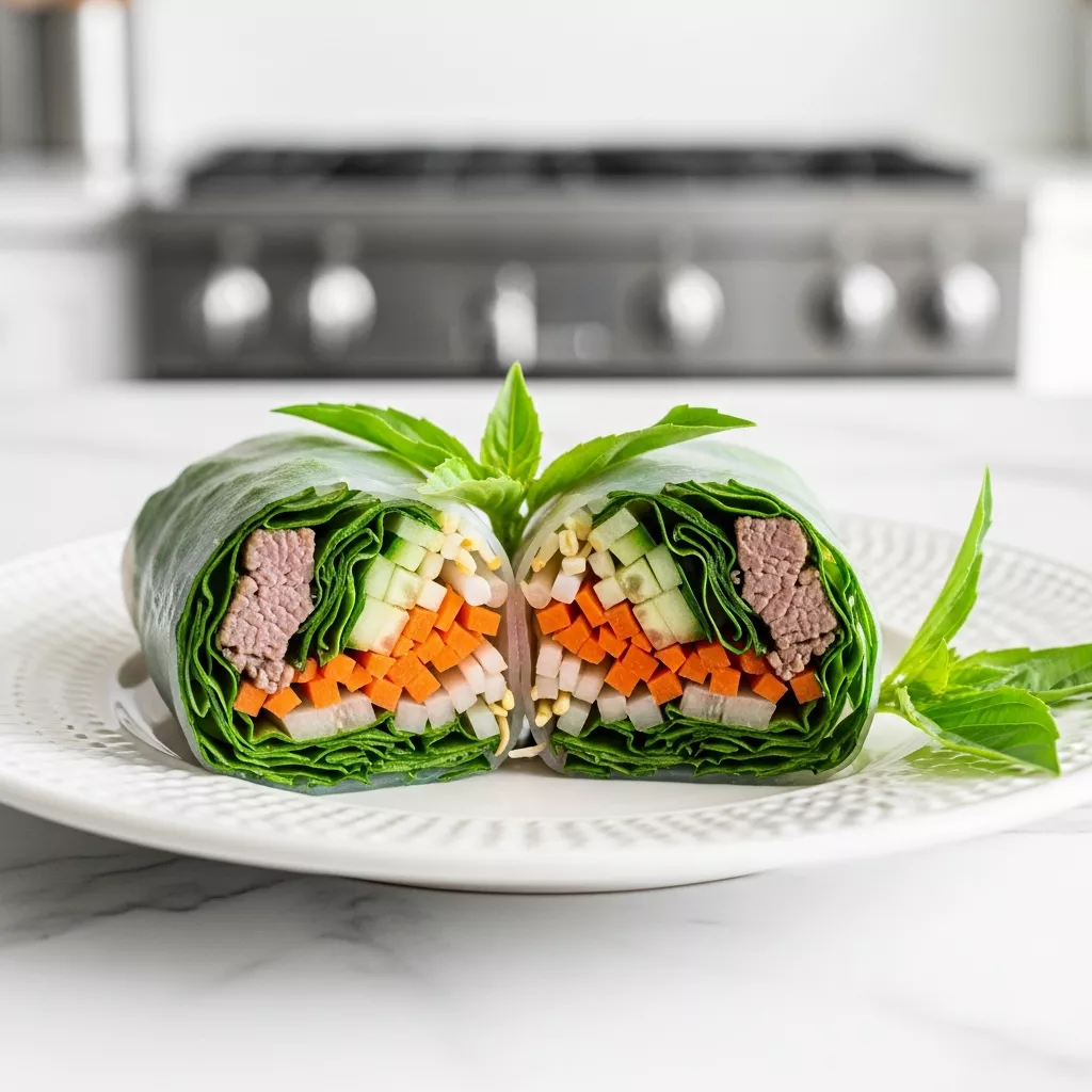 Close-up of delicious Thai Basil Beef Rolls