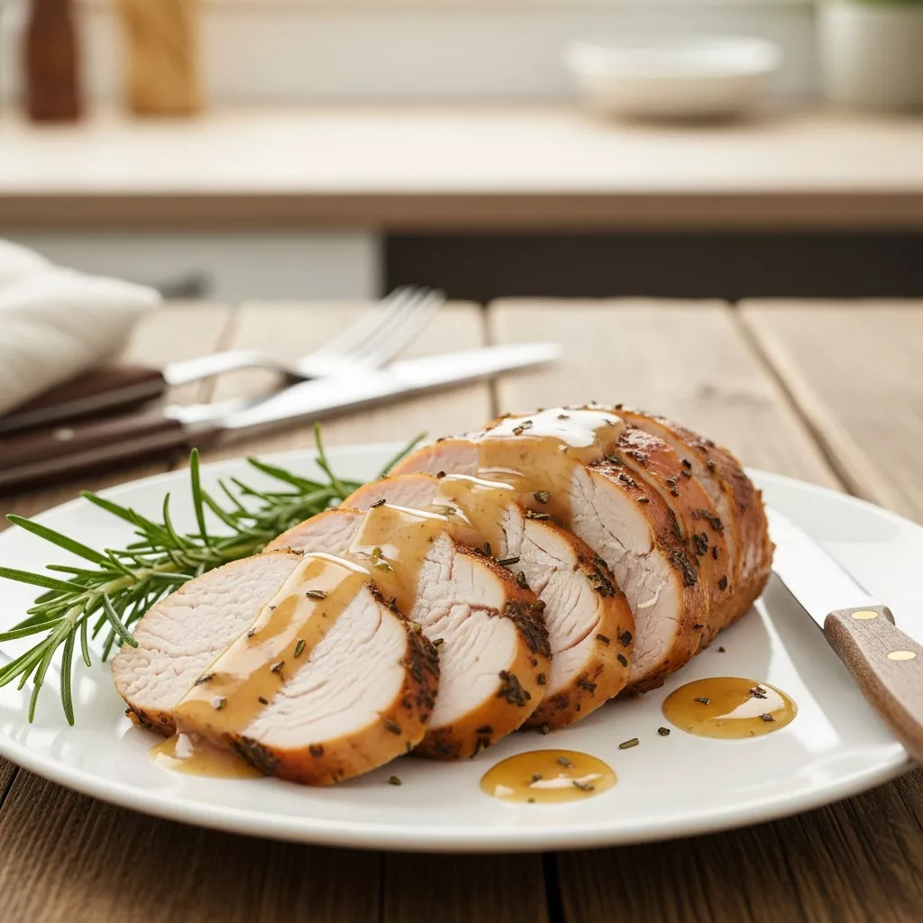 Delicious sliced crock pot turkey breast roast with gravy and rosemary
