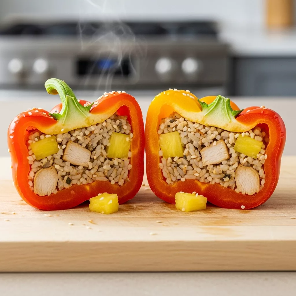 Close-up of delicious Teriyaki Pineapple Chicken Rice Stuffed Peppers