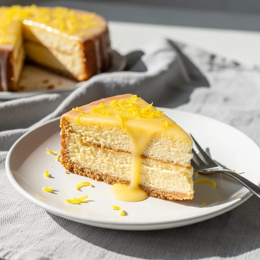 Close-up of a slice of tangy lemon cheesecake cake
