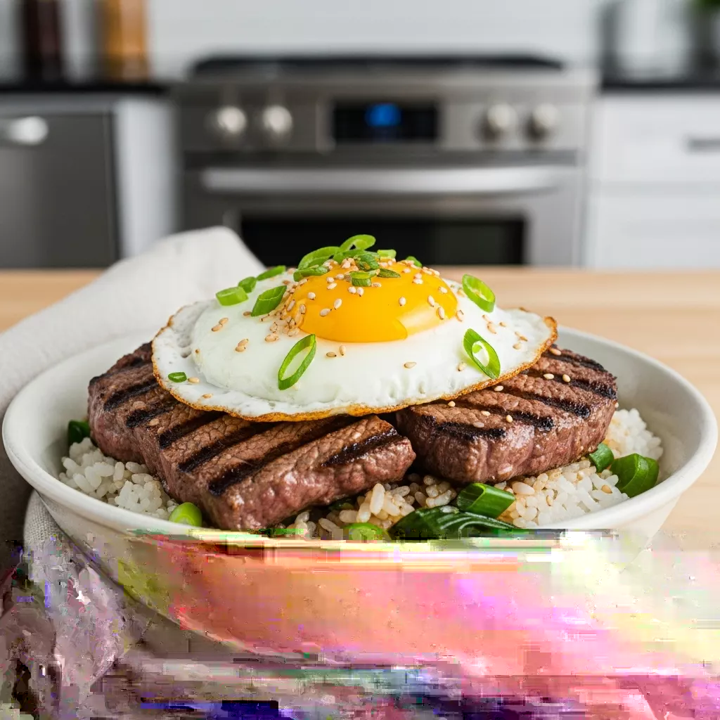 Delicious korean bbq steak bowl with fried egg, green onions, and sesame seeds