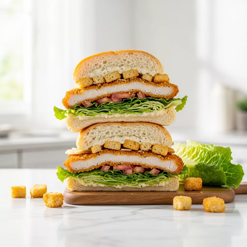 Close-up of a delicious Crunchy chicken caesar sandwich