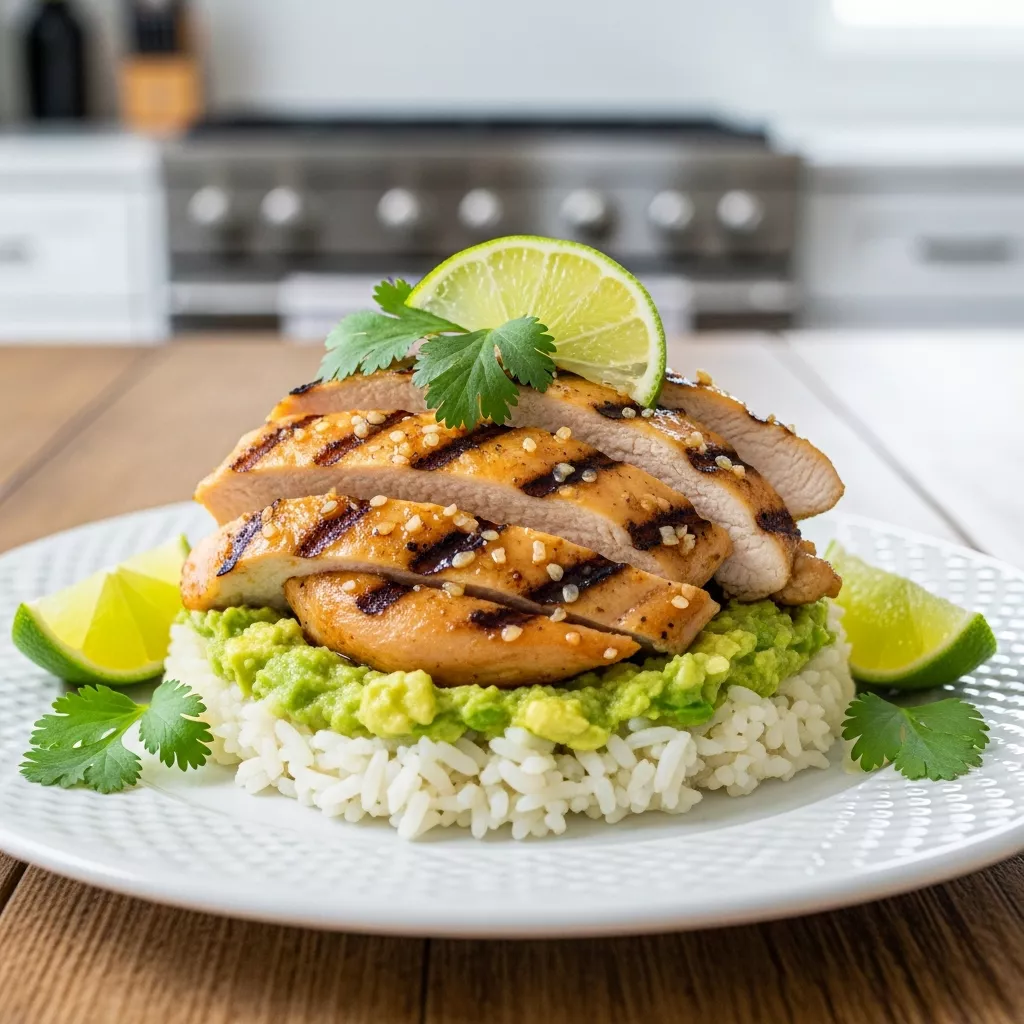 Close-up of delicious honey lime chicken with avocado rice