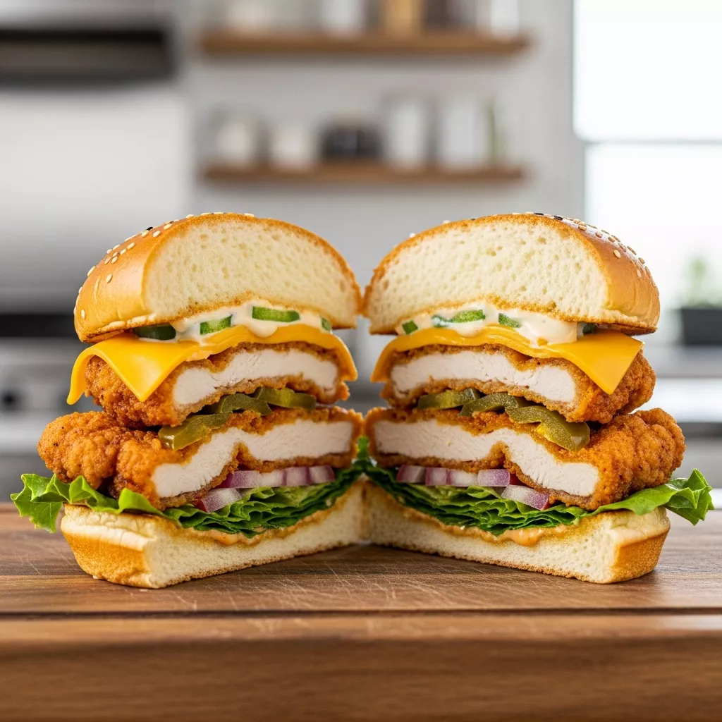 Close-up of a delicious spicy sweet fried chicken sandwich with crispy chicken, cheddar cheese, jalapeños, and honey-mayo sauce
