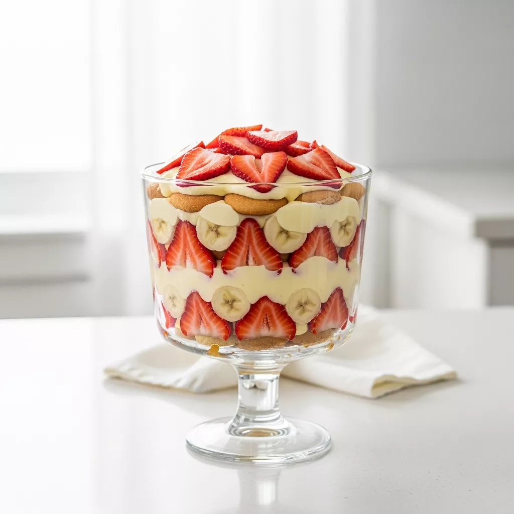 Delicious homemade strawberry banana pudding in a trifle bowl