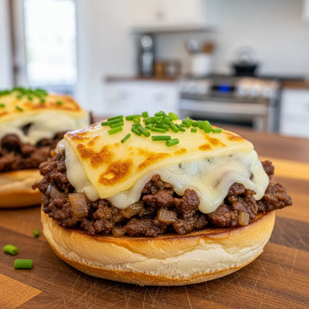 French onion sloppy joes Close-up of a delicious French Onion Beef Sloppy Joes on a toasted bun with melted cheese and chives