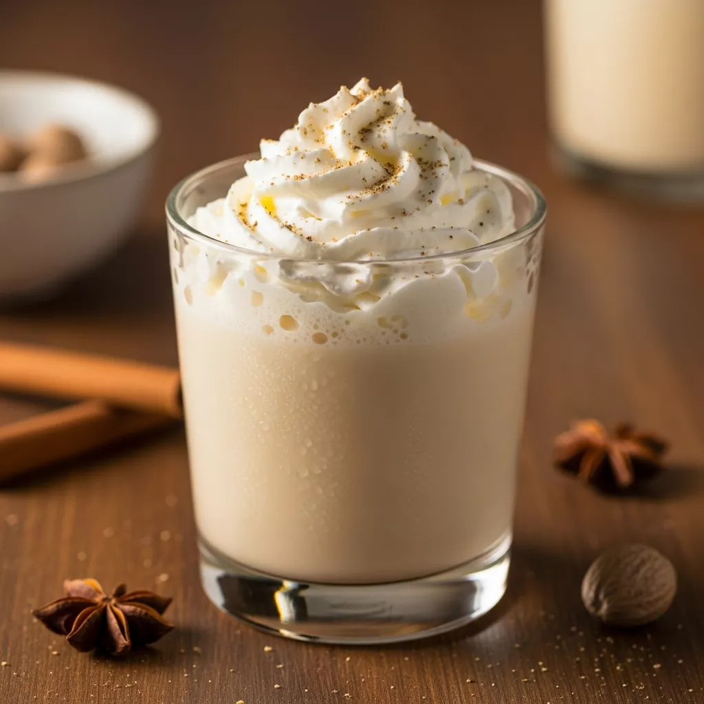 Close-up of creamy Baileys Eggnog, perfect for the holidays. Get the baileys eggnog recipe now!