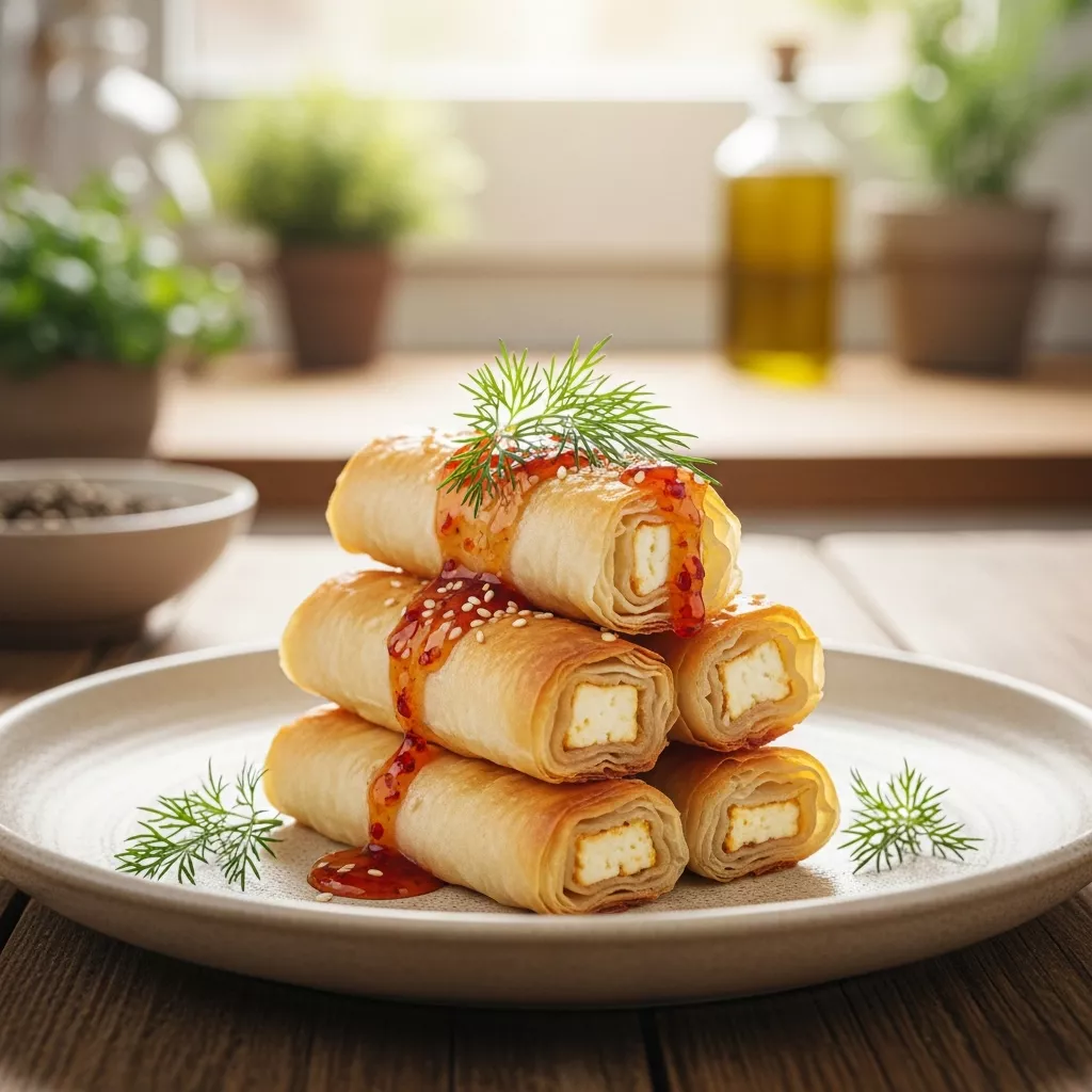 Delicious oven fried feta rolls with chili honey