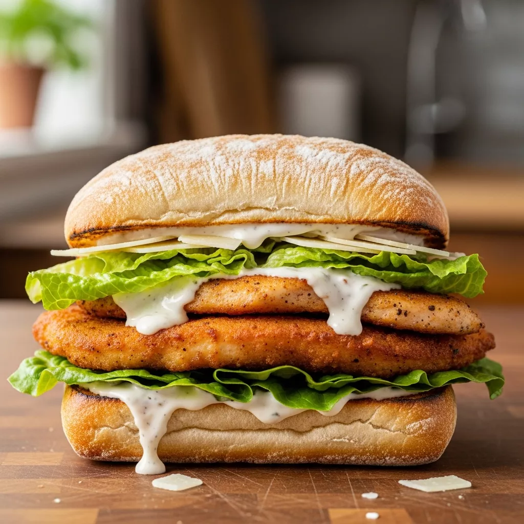 Close-up of a gourmet chicken caesar sandwich on toasted ciabatta bread