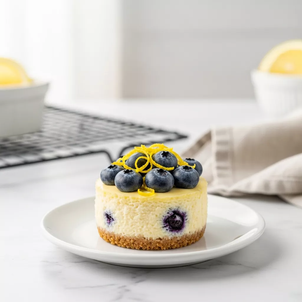 Close up macro shot of mini lemon blueberry cheesecakes topped with fresh fruit and zest